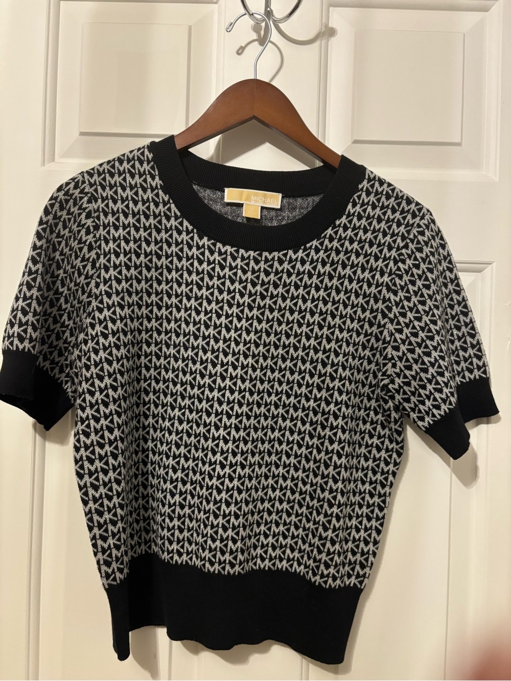 Michael Kors Black & White Short Sleeve Logo Knit Sweater